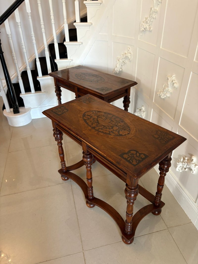 Outstanding Quality Pair of Antique Victorian Burr Walnut Marquetry Inlaid Console Tables - Image 4